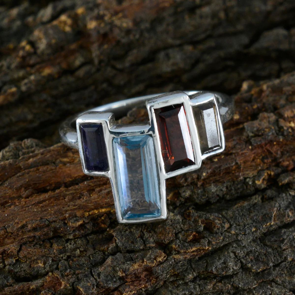 Multi Stone quarter Indian Sterling Silver multicolor Gemstones Featherlight Cocktail Ring Jewellery - Image 3