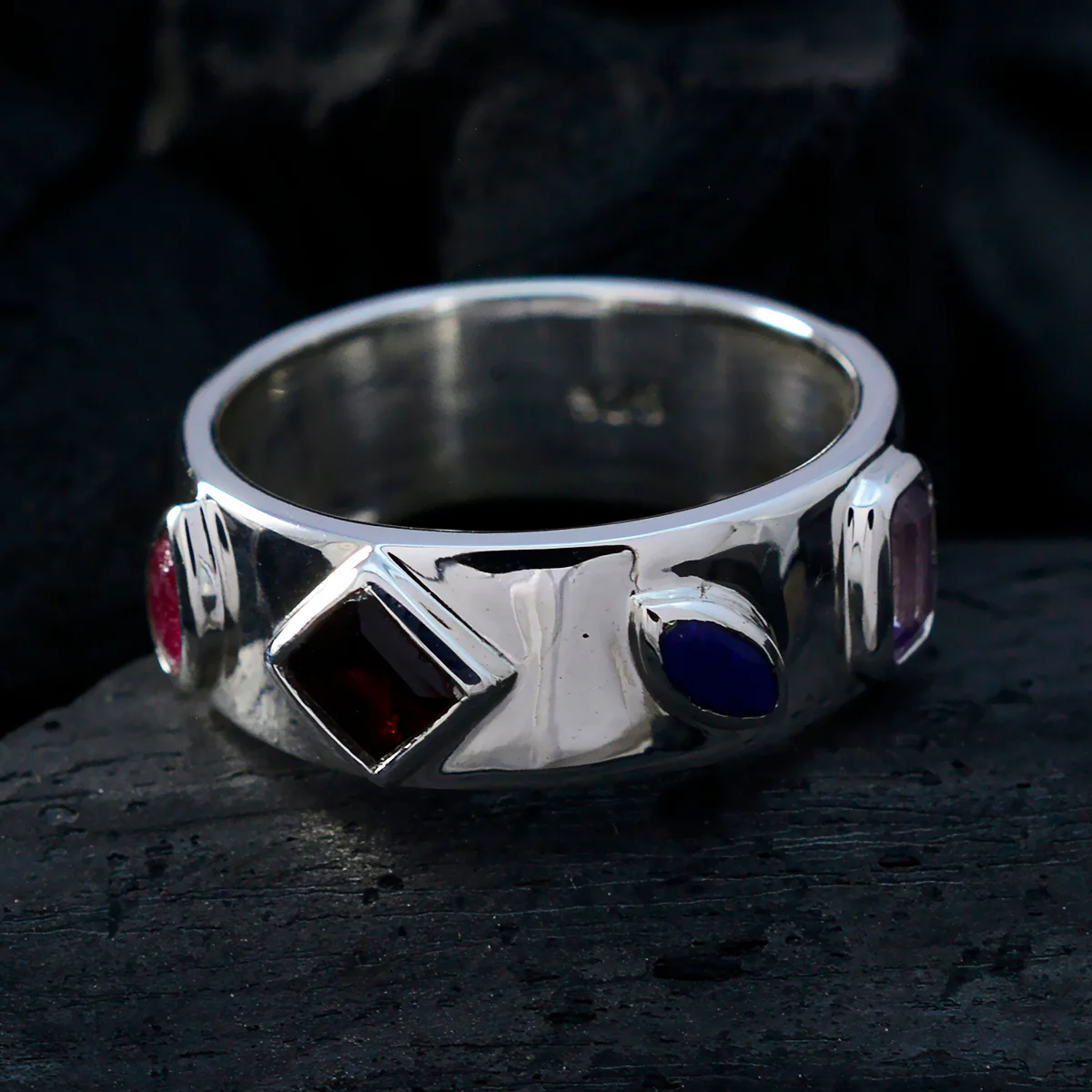 Multi Stone quarter Moroccan 925 Sterling Silver multicolor Gemstone Minimal Abstract Band Jewelry - Image 4
