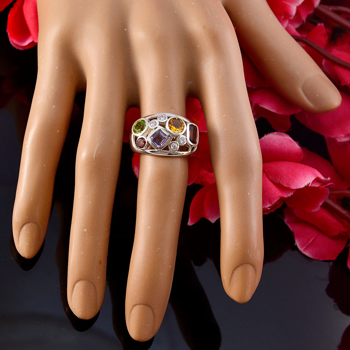 Multi Stone quarter Moroccan Sterling Silver multicolor Gems Eye-catching Trendy Ring Jewellery - Image 5