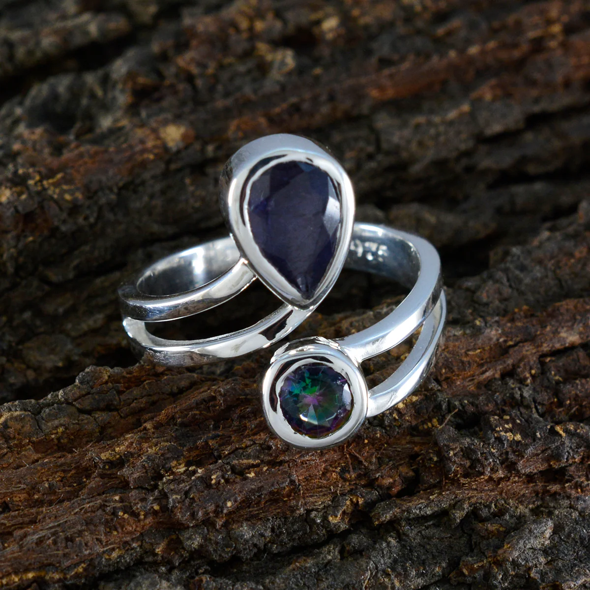 Multi Stone Toi et Moi French 925 Sterling Silver multicolor Gems Tiny Abstract Ring Jewellery - Image 3