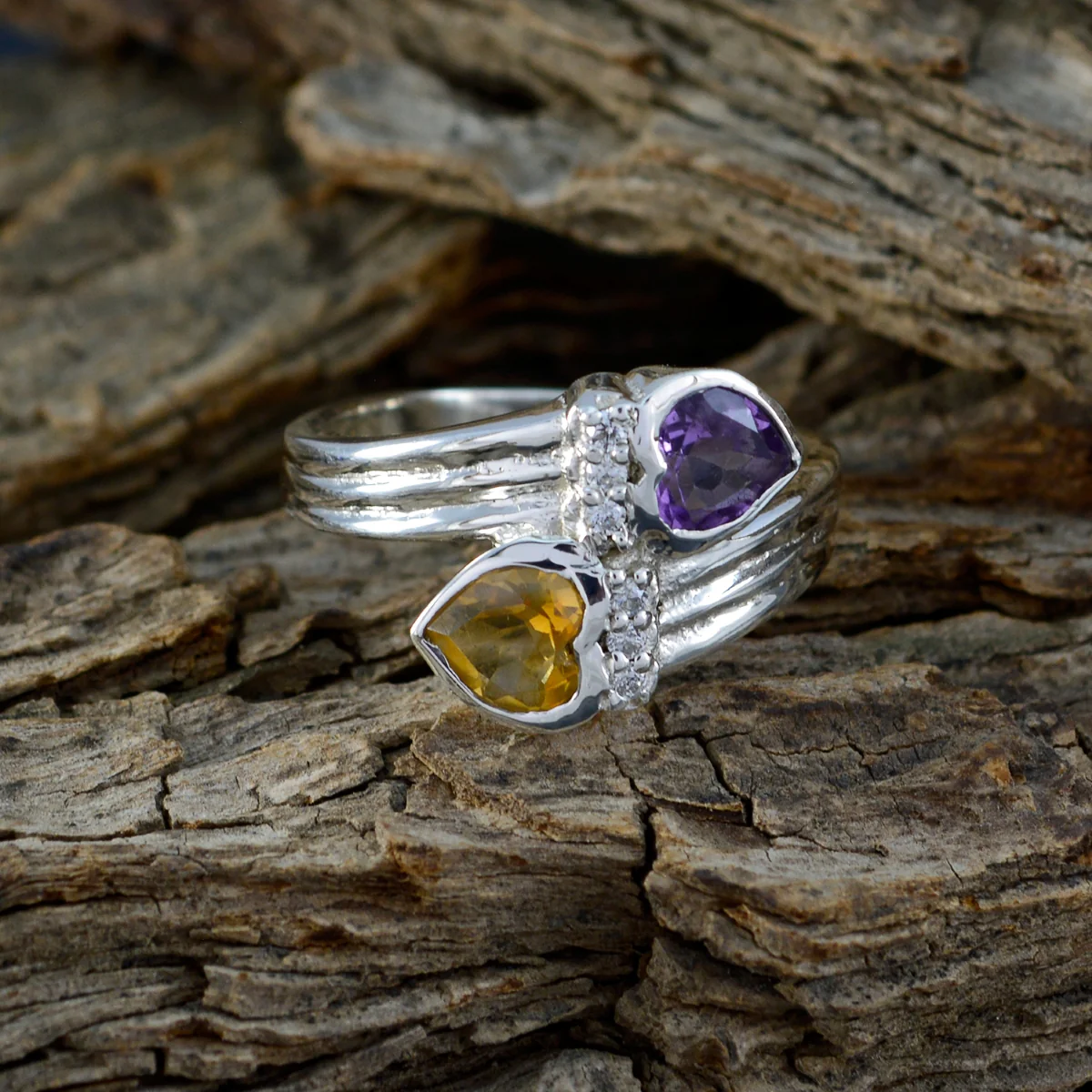 Multi Stone Toi et Moi French Sterling Silver multicolor Gemstone Minimal Heart Ring Jewelry - Image 3