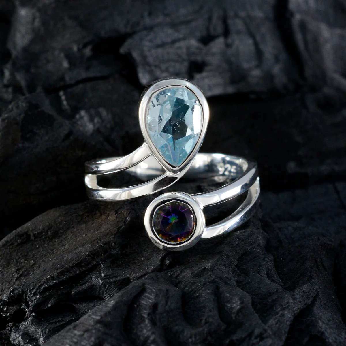 Multi Stone Toi et Moi Russian Sterling Silver multicolor Gems Tiny Sophisticated Ring Jewelry - Image 4