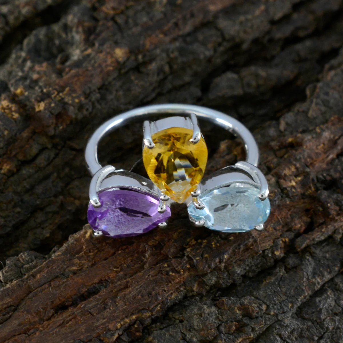 Multi Stone Trilogy African 925 Silver multicolor Gems Slim Graceful Ring Jewellery - Image 3