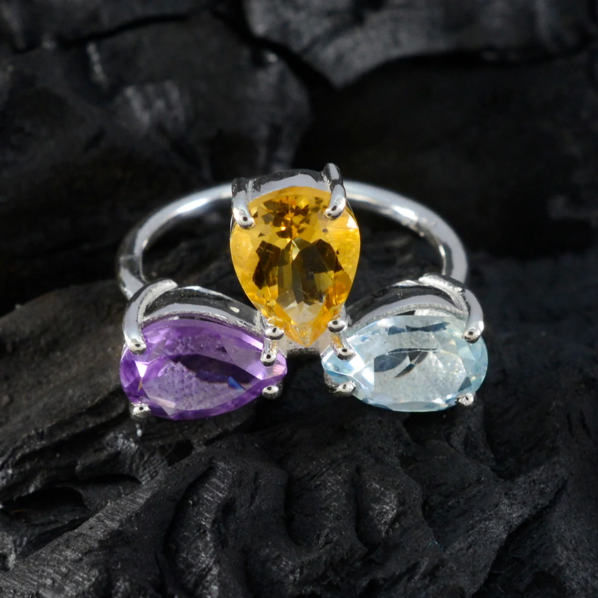 Multi Stone Trilogy African 925 Silver multicolor Gems Slim Graceful Ring Jewellery - Image 4