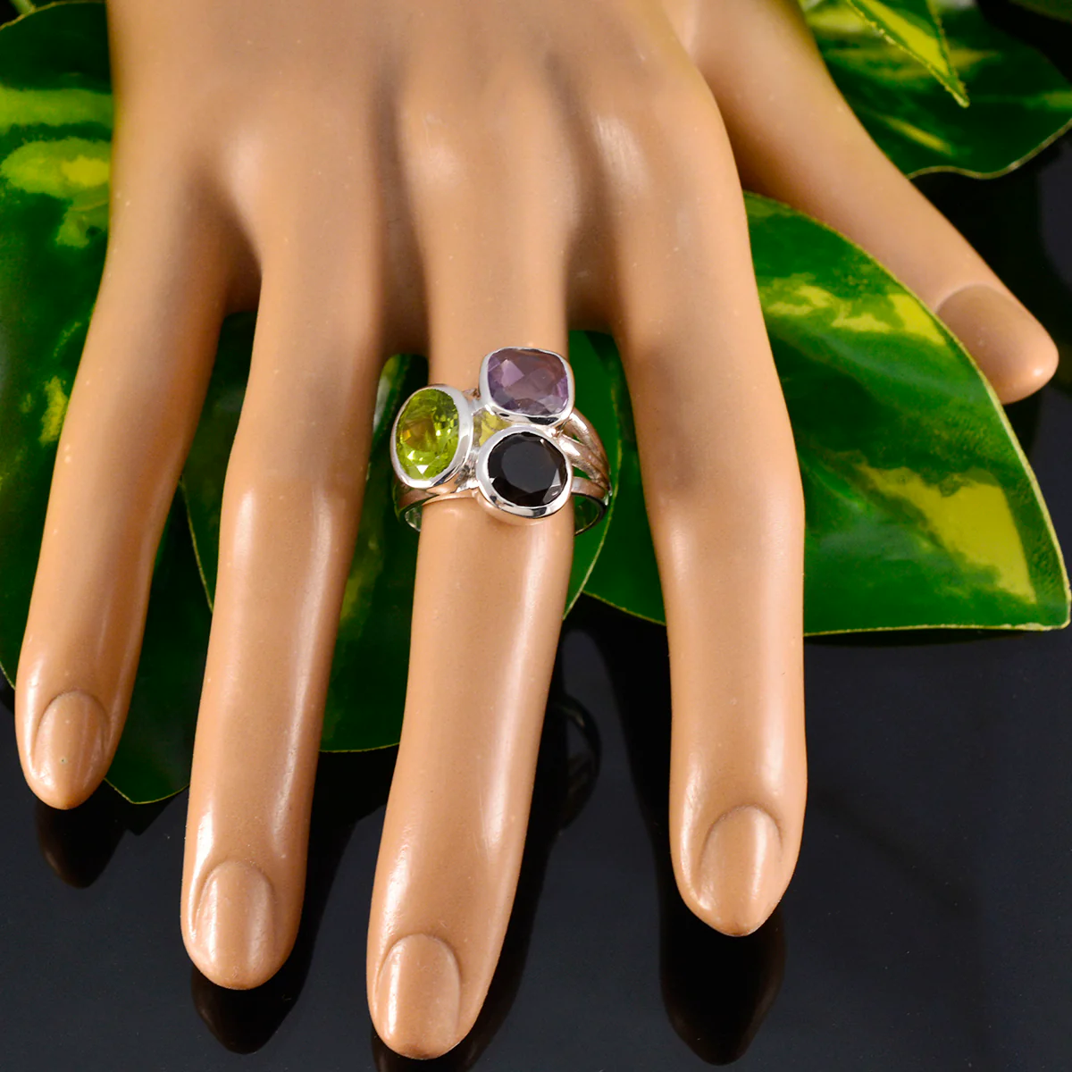 Multi Stone Trilogy African 925 Sterling Silver multicolor Gemstone Eye-catching Cocktail Ring Jewelry - Image 5