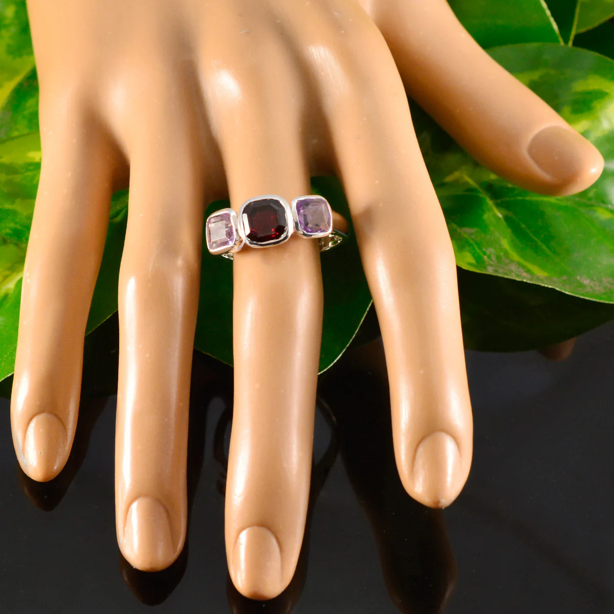 Multi Stone Trilogy African Sterling Silver multicolor Gemstones Slim Abstract Ring Jewellery - Image 5