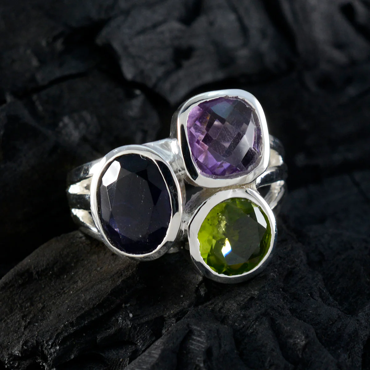 Multi Stone Trilogy Egyptian 925 Silver multicolor Gemstone Eye-catching Cocktail Ring Jewellery - Image 4