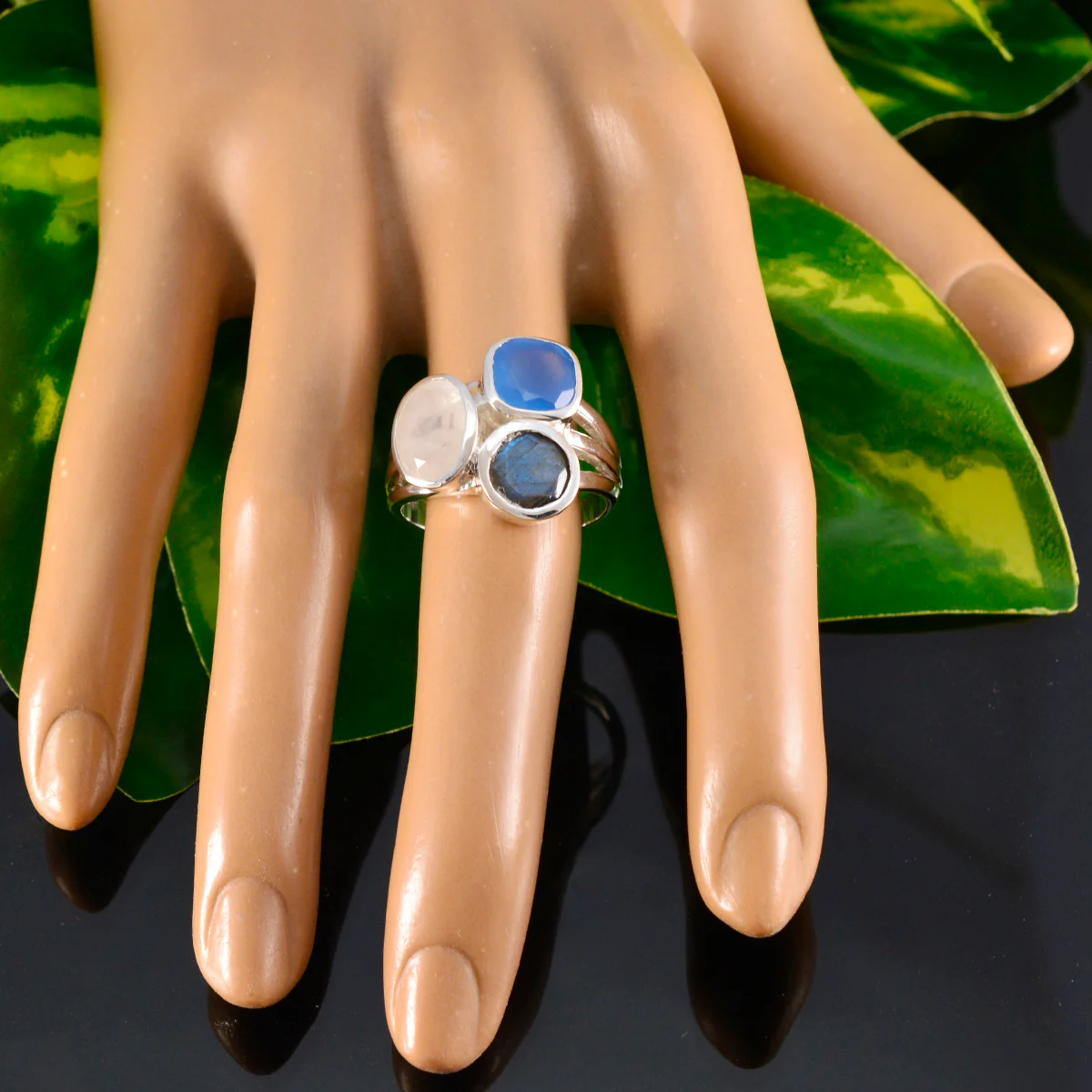 Multi Stone Trilogy Egyptian Silver multicolor Gems Eye-catching Cocktail Ring Jewelry - Image 5