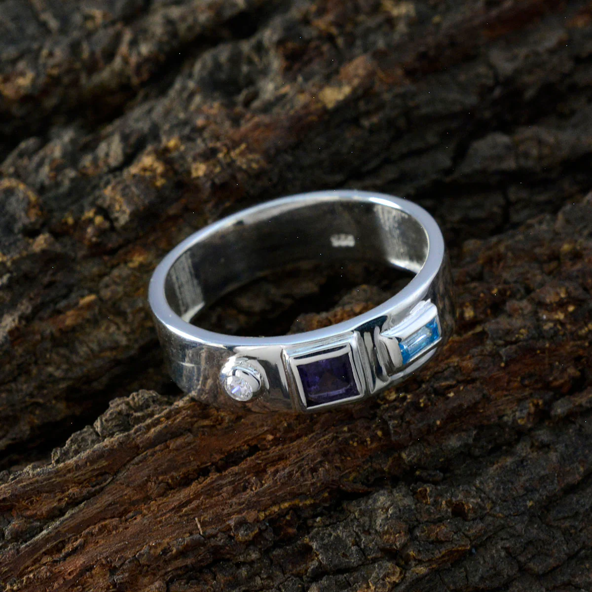 Multi Stone Trilogy Egyptian Silver multicolor Gemstone Tiny Abstract Band Jewelry - Image 3