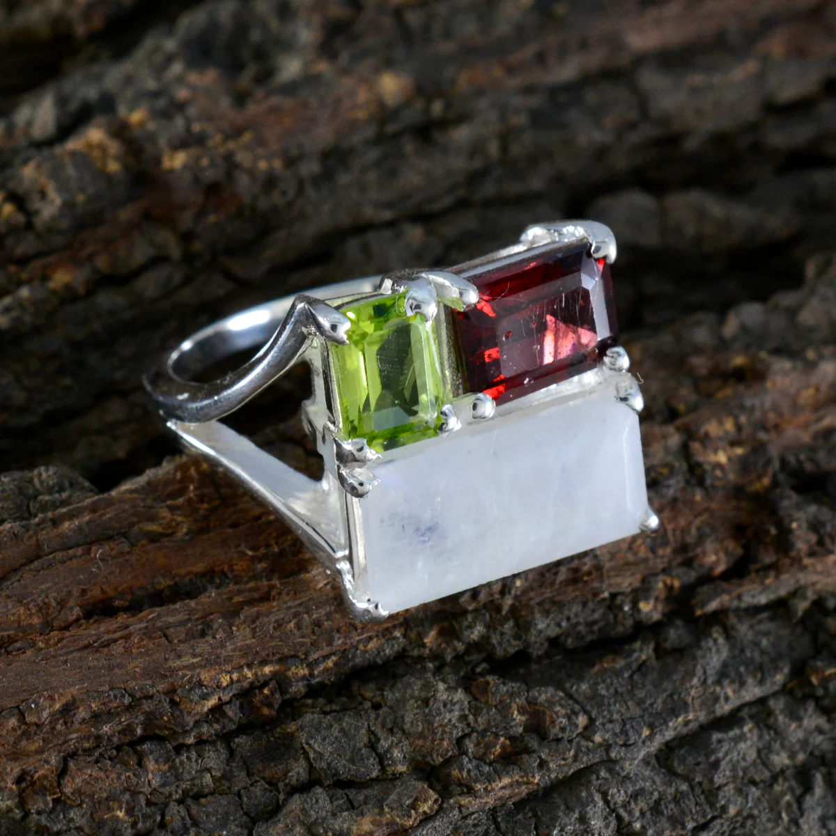 Multi Stone Trilogy French 925 Silver multicolor Gems Classic Trendy Ring Jewellery - Image 3