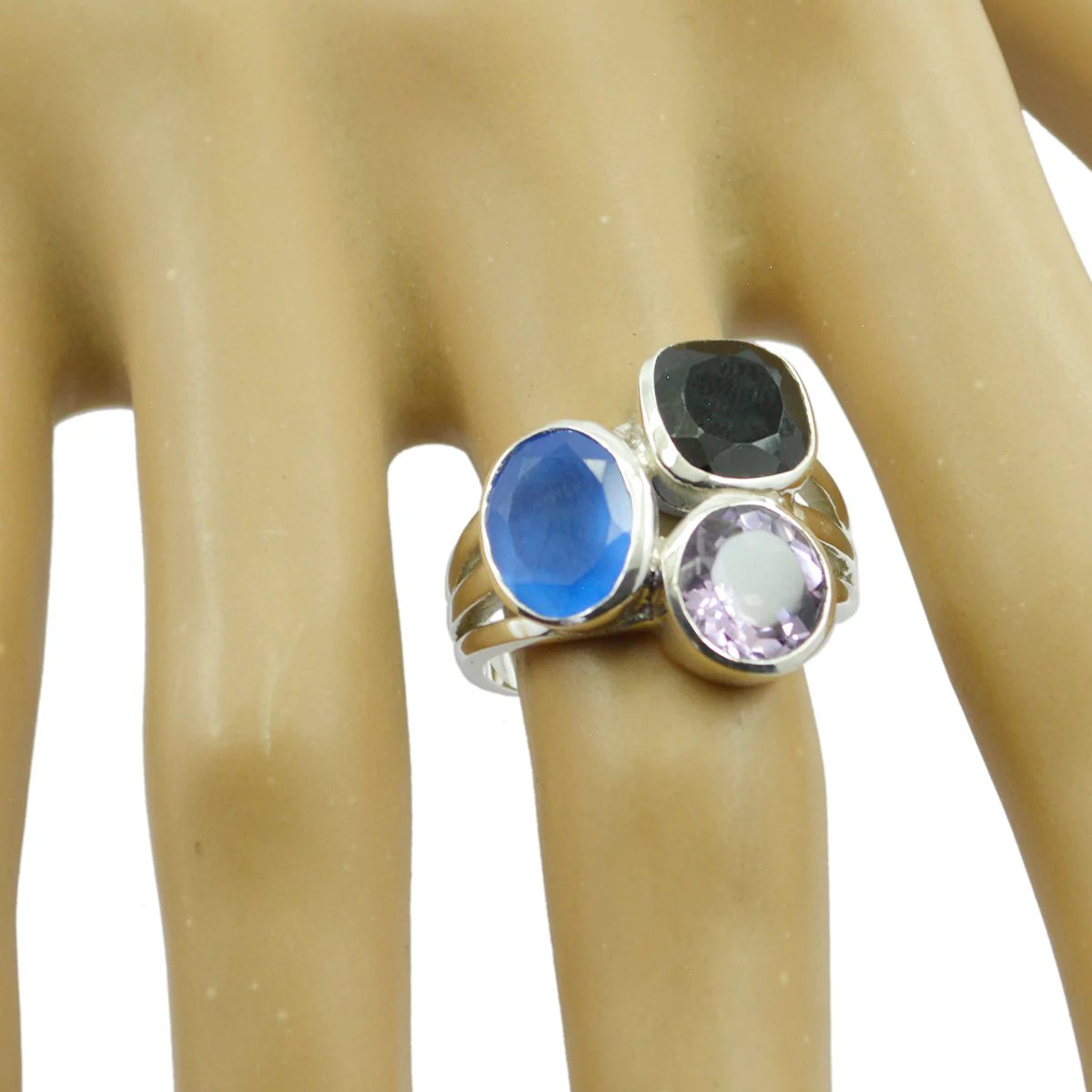 Multi Stone Trilogy French Sterling Silver multicolor Gemstone Mid-weight Cocktail Ring Jewelry - Image 2