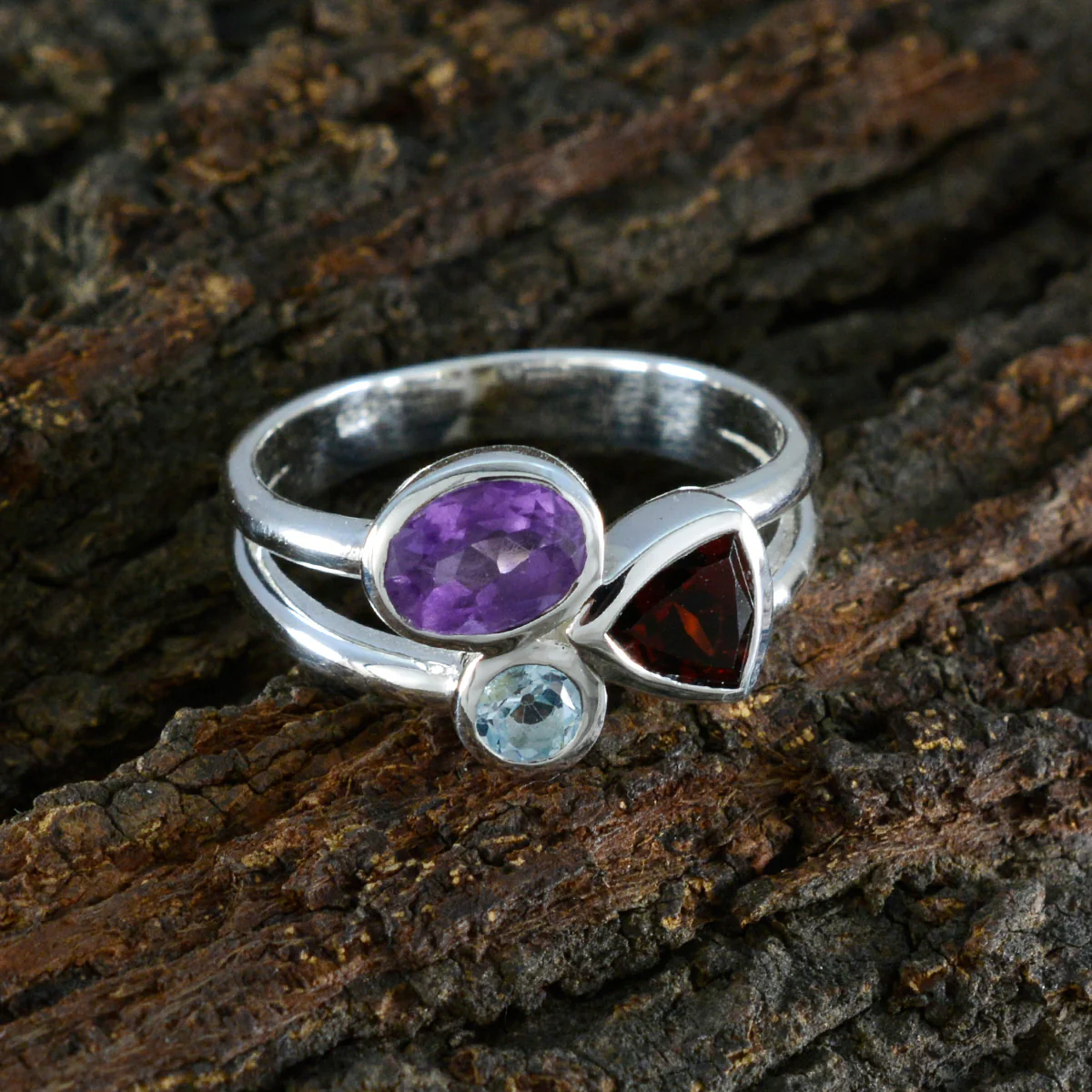 Multi Stone Trilogy German 92.5 Silver multicolor Gems Minimal Artisan Ring Jewelry - Image 3