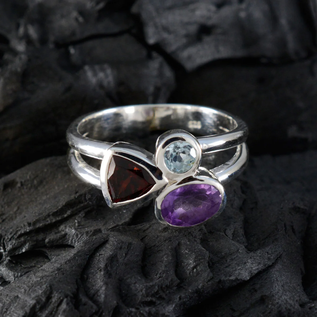 Multi Stone Trilogy German 92.5 Silver multicolor Gems Minimal Artisan Ring Jewelry - Image 4