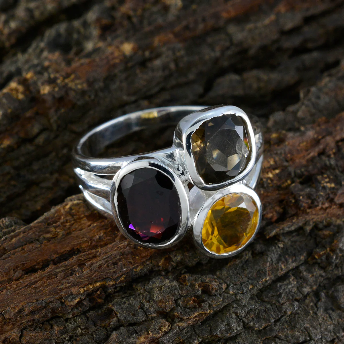 Multi Stone Trilogy German 925 Silver multicolor Gemstones Eye-catching Cocktail Ring Jewelry - Image 3