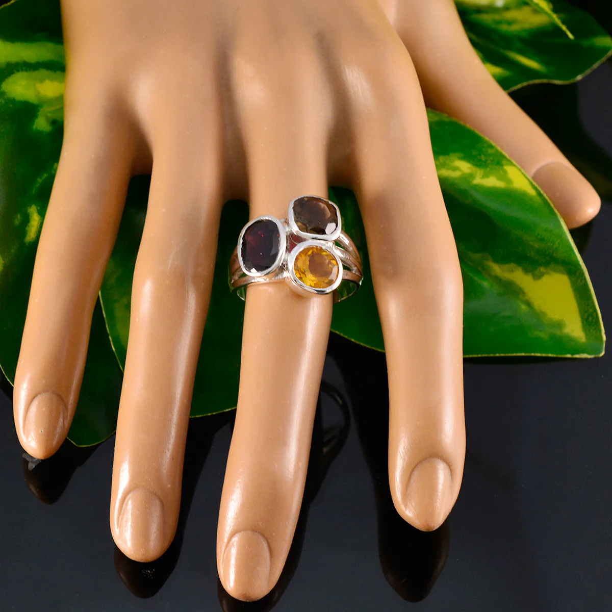 Multi Stone Trilogy German 925 Silver multicolor Gemstones Eye-catching Cocktail Ring Jewelry - Image 5