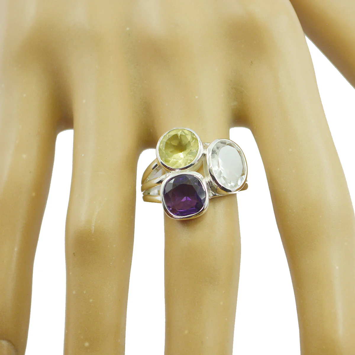 Multi Stone Trilogy German 925 Silver multicolor Gemstones Mid-weight Cocktail Ring Jewellery - Image 2