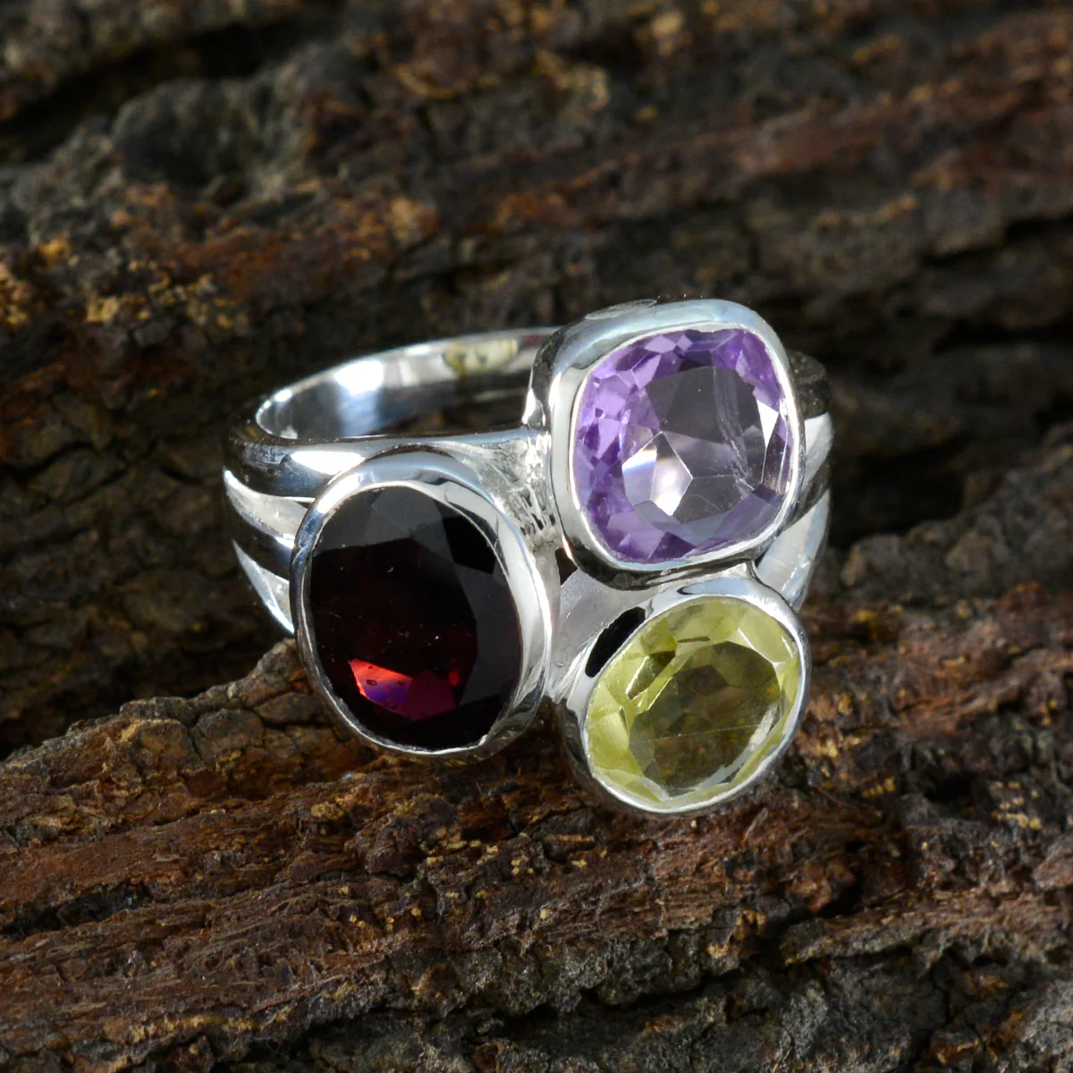 Multi Stone Trilogy German 925 Sterling Silver multicolor Gems Eye-catching Cocktail Ring Jewellery - Image 3