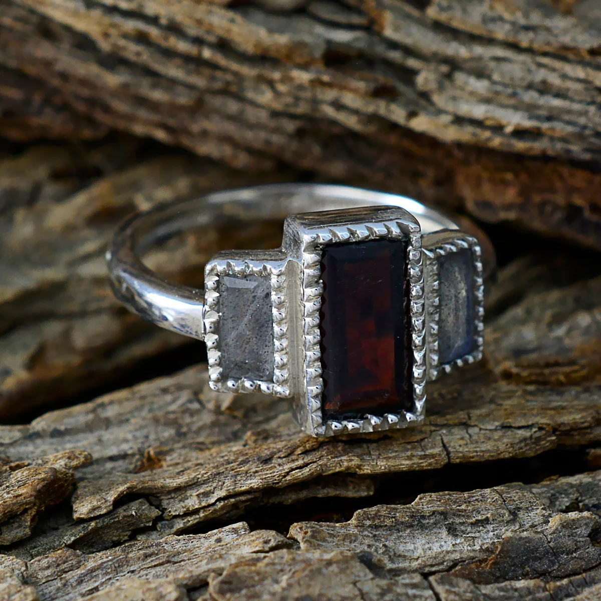 Multi Stone Trilogy German Sterling Silver multicolor Gemstone Featherlight Glamorous Ring Jewellery - Image 3