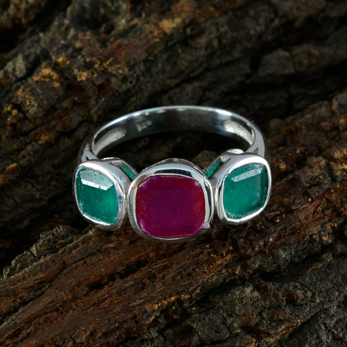 Multi Stone Trilogy German Sterling Silver multicolor Gemstone Slim Romantic Ring Jewelry - Image 3