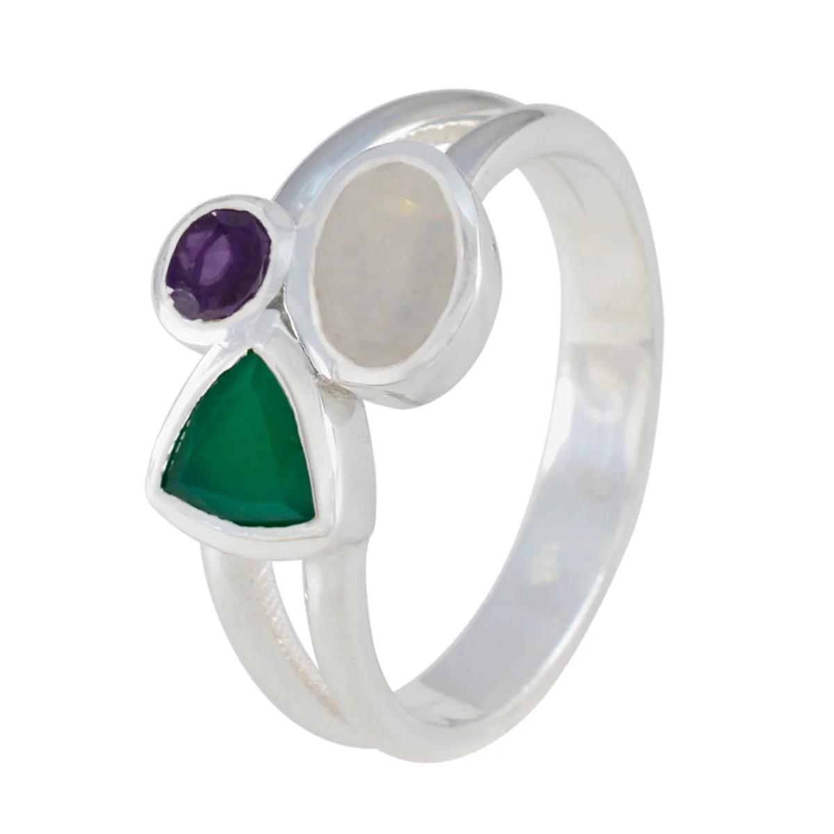 Multi Stone Trilogy German Sterling Silver multicolor Gemstones Minimal Sophisticated Ring Jewellery - Image 2