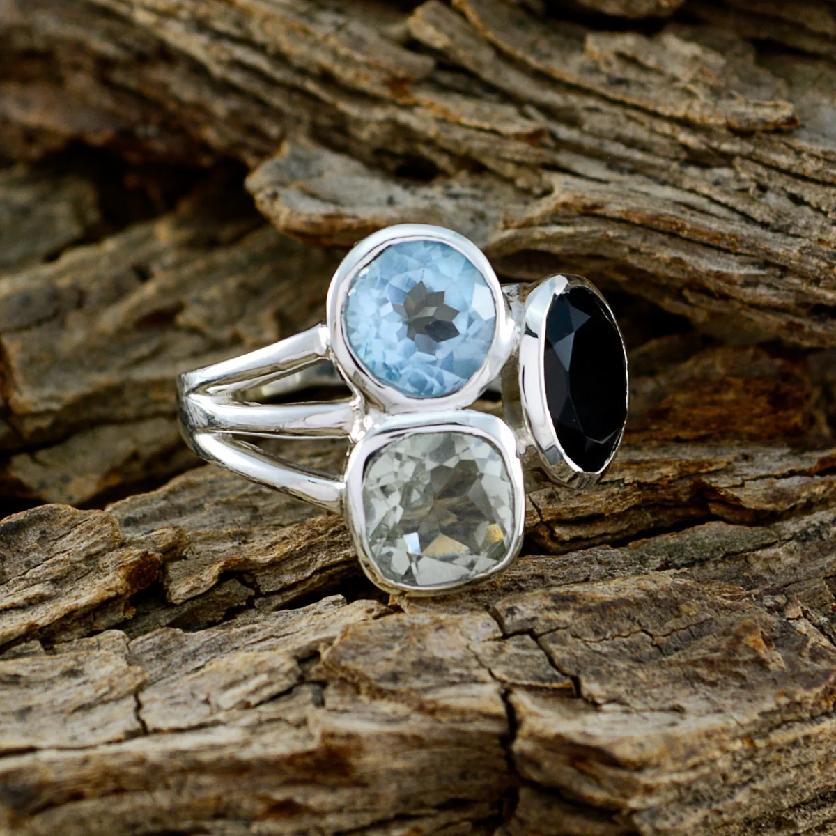 Multi Stone Trilogy Indian Silver multicolor Gemstone Mid-weight Cocktail Ring Jewellery - Image 4