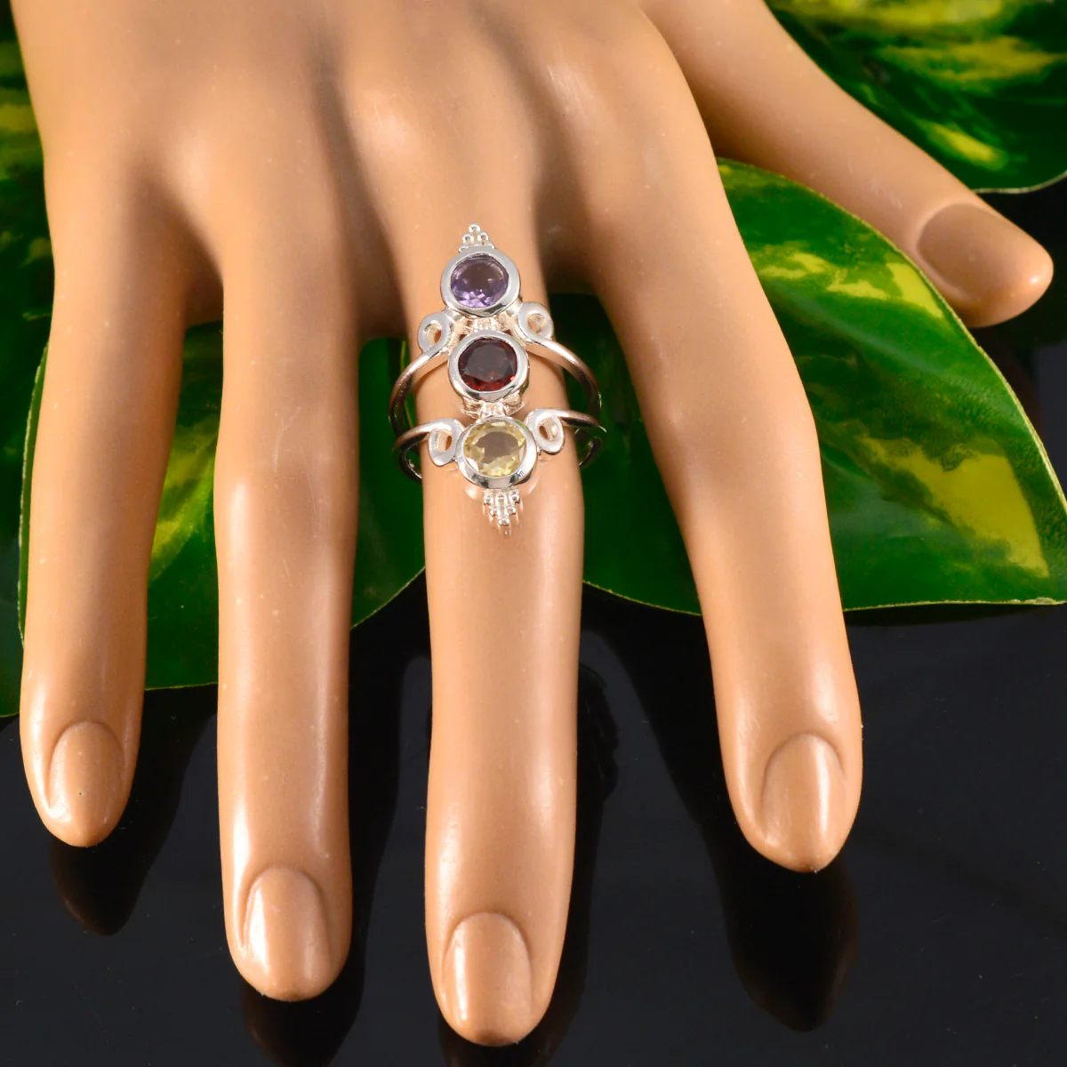 Multi Stone Trilogy Indian Sterling Silver multicolor Gemstones Classic Sophisticated Ring Jewelry - Image 5