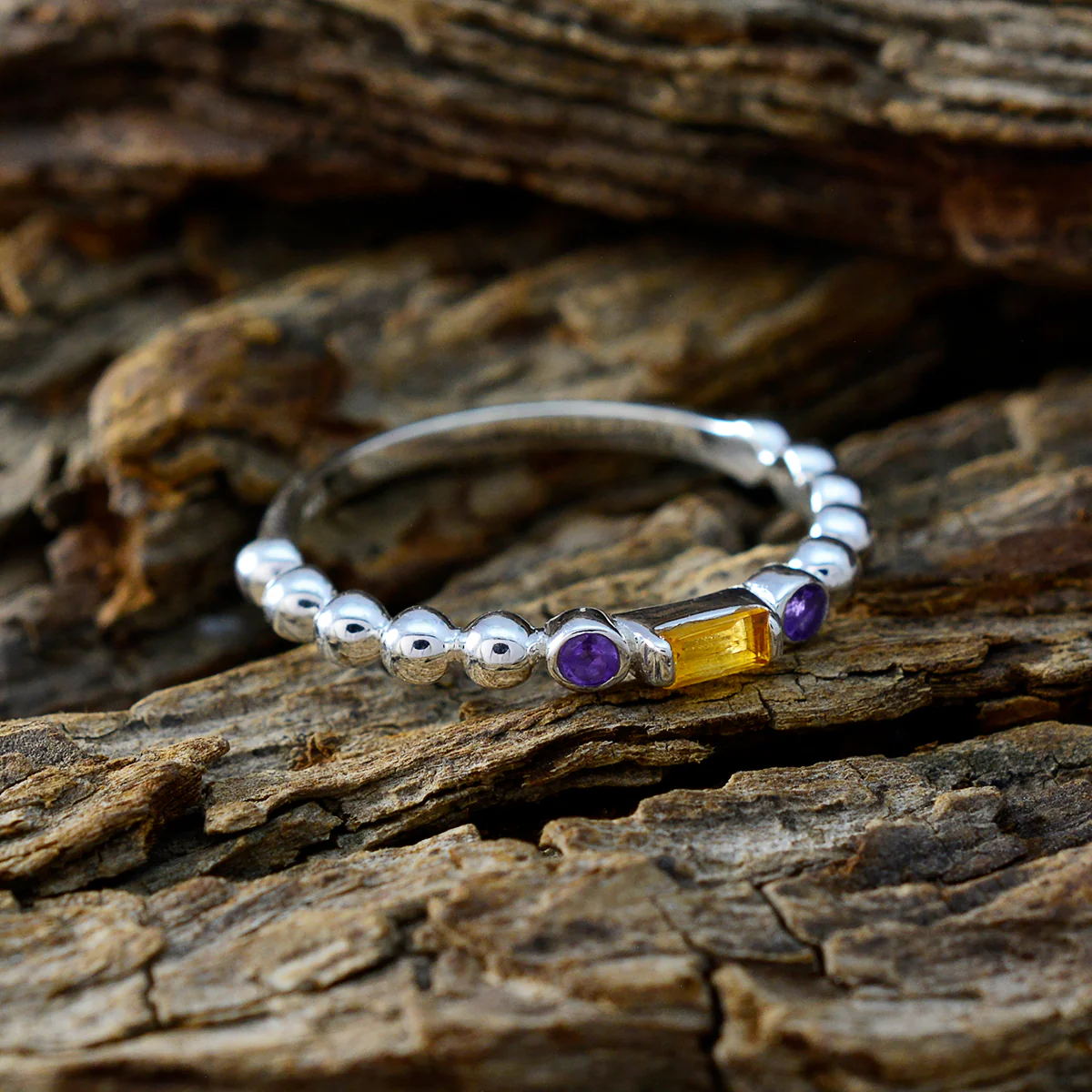 Multi Stone Trilogy Japanese Silver multicolor Gemstones Delicate Contemporary Ring Jewellery - Image 3