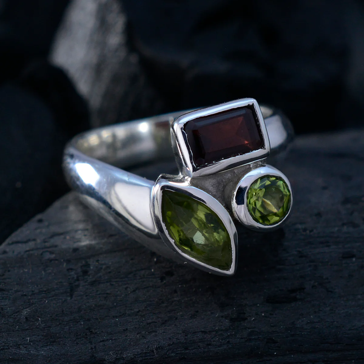 Multi Stone Trilogy Moroccan 92.5 Silver multicolor Gems Tiny Abstract Ring Jewellery - Image 4