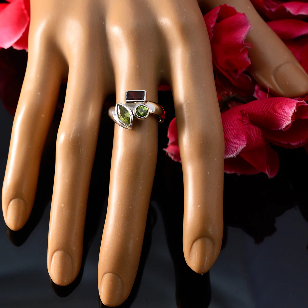 Multi Stone Trilogy Moroccan 92.5 Silver multicolor Gems Tiny Abstract Ring Jewellery - Image 5