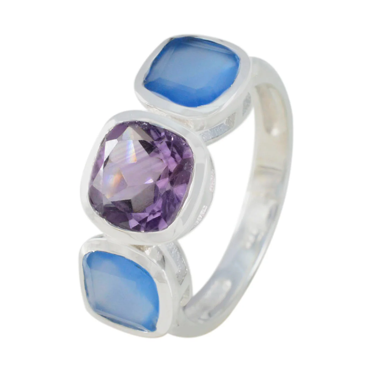 Multi Stone Trilogy Moroccan Silver multicolor Gemstones Slim Luxurious Ring Jewelry - Image 2