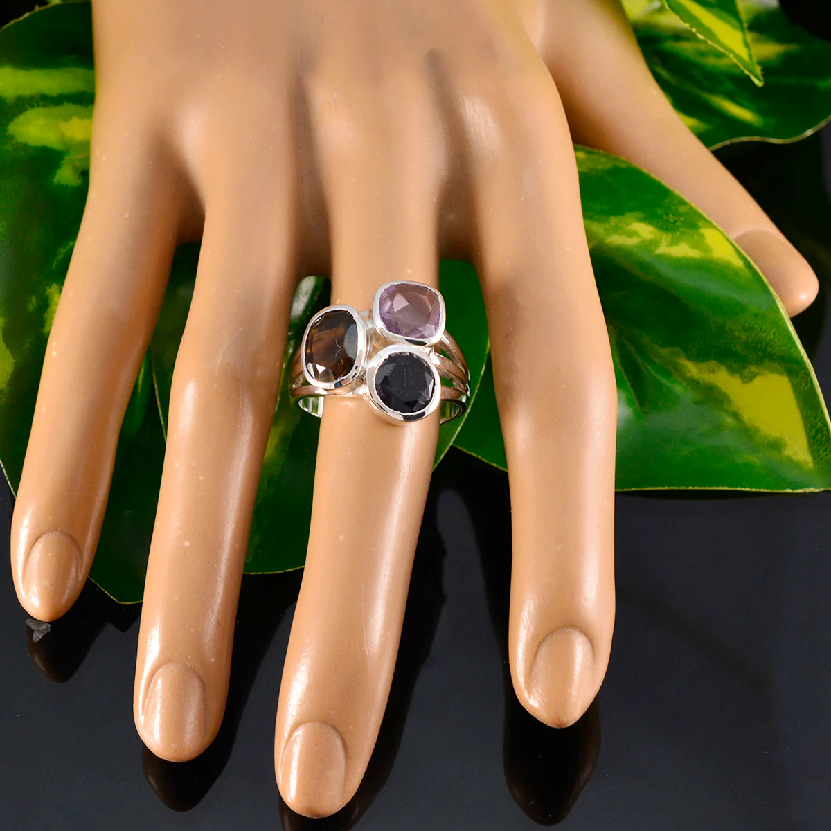 Multi Stone Trilogy Moroccan Sterling Silver multicolor Gems Eye-catching Cocktail Ring Jewelry - Image 5