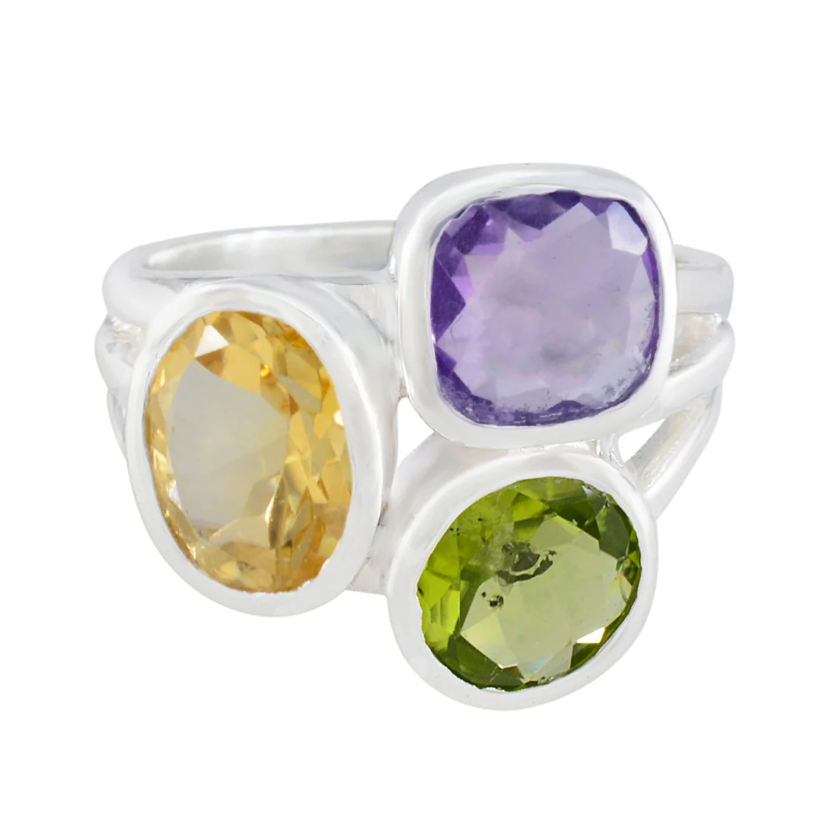 Multi Stone Trilogy Russian 925 Silver multicolor Gems Eye-catching Cocktail Ring Jewelry