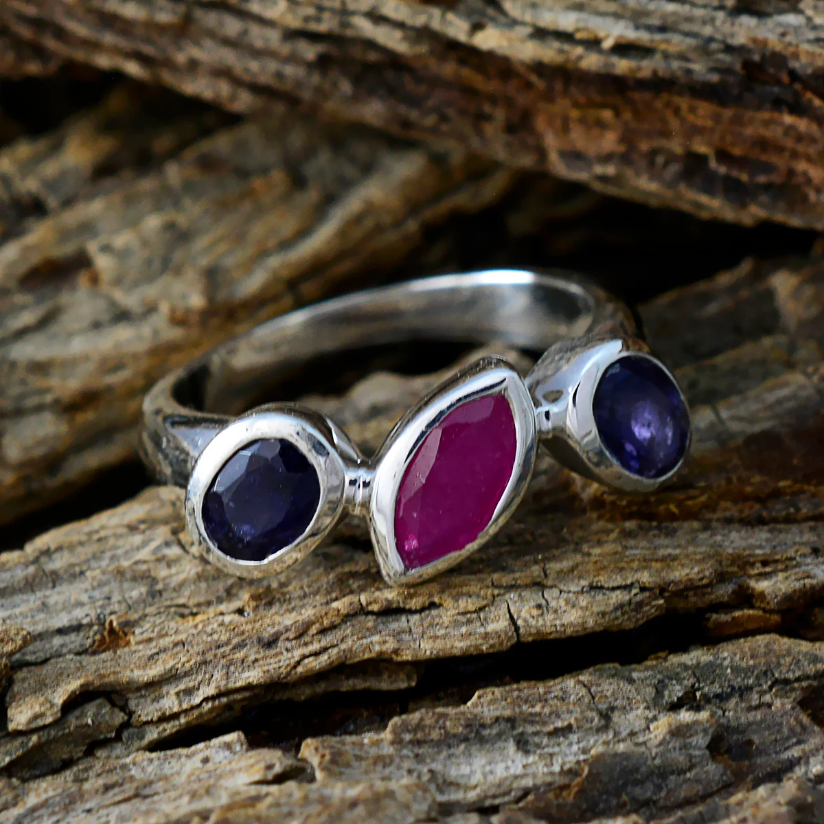 Multi Stone Trilogy Russian Silver multicolor Gemstone Minimal Boho Ring Jewelry - Image 3
