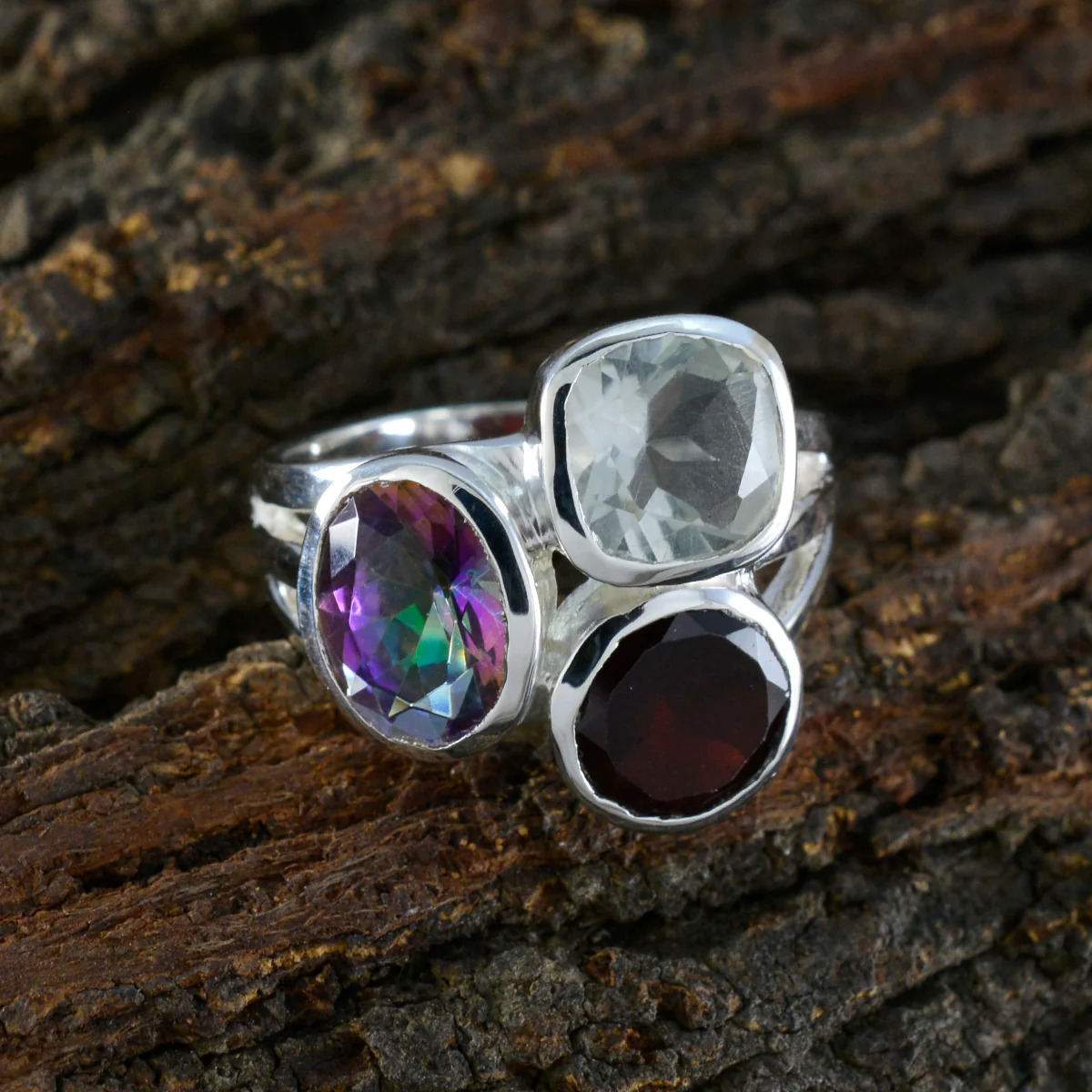 Multi Stone Trilogy Russian Silver multicolor Gemstones Eye-catching Cocktail Ring Jewellery - Image 3