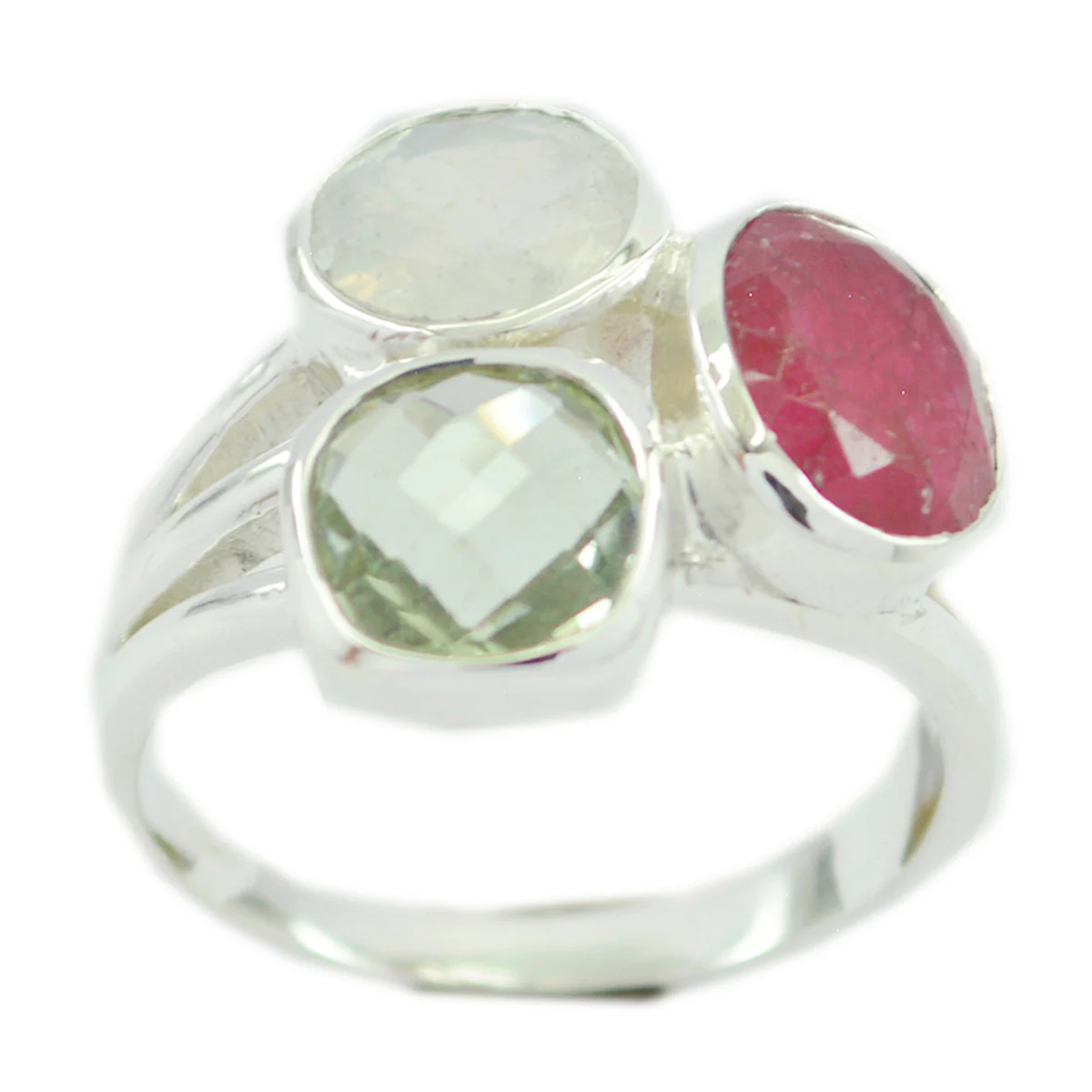 Multi Stone Trilogy Russian Silver multicolor Gemstones Mid-weight Cocktail Ring Jewelry