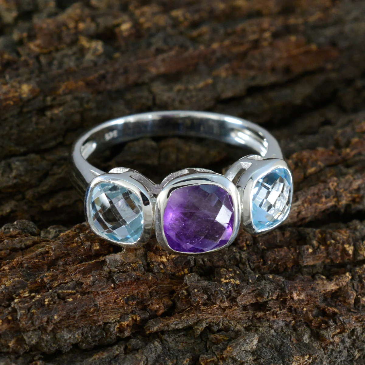 Multi Stone Trilogy Russian Silver multicolor Gemstones Slim Fairytale Ring Jewellery - Image 3