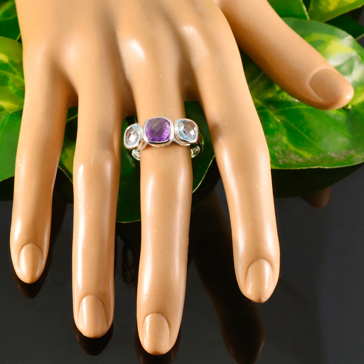 Multi Stone Trilogy Russian Silver multicolor Gemstones Slim Fairytale Ring Jewellery - Image 5