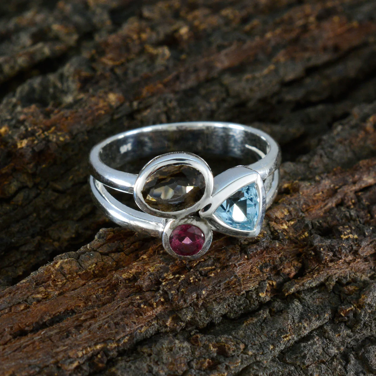 Multi Stone Trilogy Russian Sterling Silver multicolor Gems Minimal Love Ring Jewellery - Image 3
