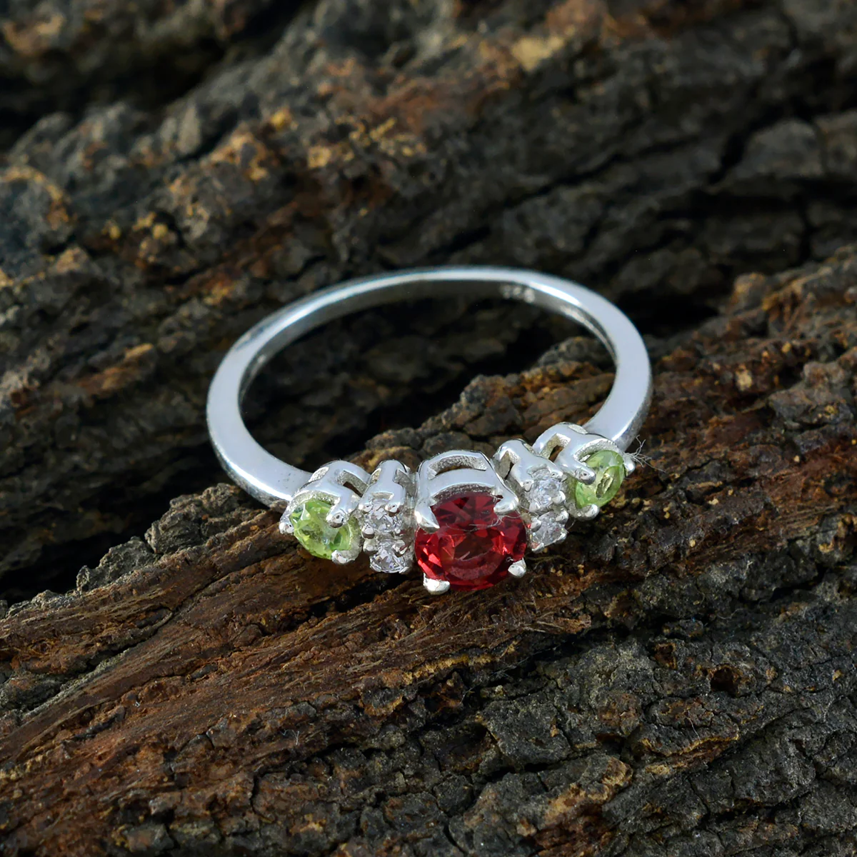 Multi Stone Trilogy Turkish Silver multicolor Gemstones Delicate Abstract Ring Jewelry - Image 3
