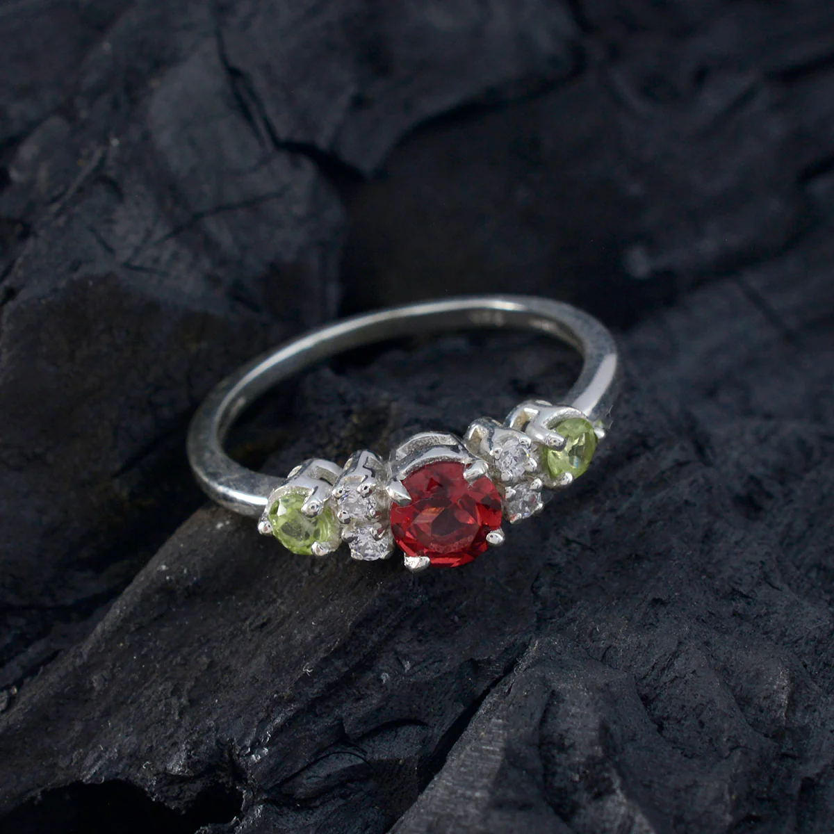 Multi Stone Trilogy Turkish Silver multicolor Gemstones Delicate Abstract Ring Jewelry - Image 4