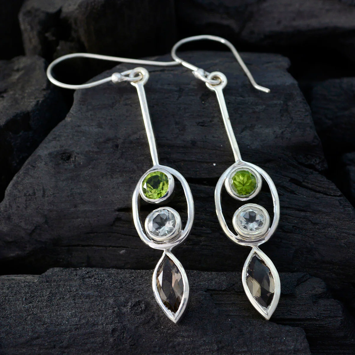 Multi Turkish Ling multiple Dangle multicolor 925 Sterling Silver Earring - Image 2