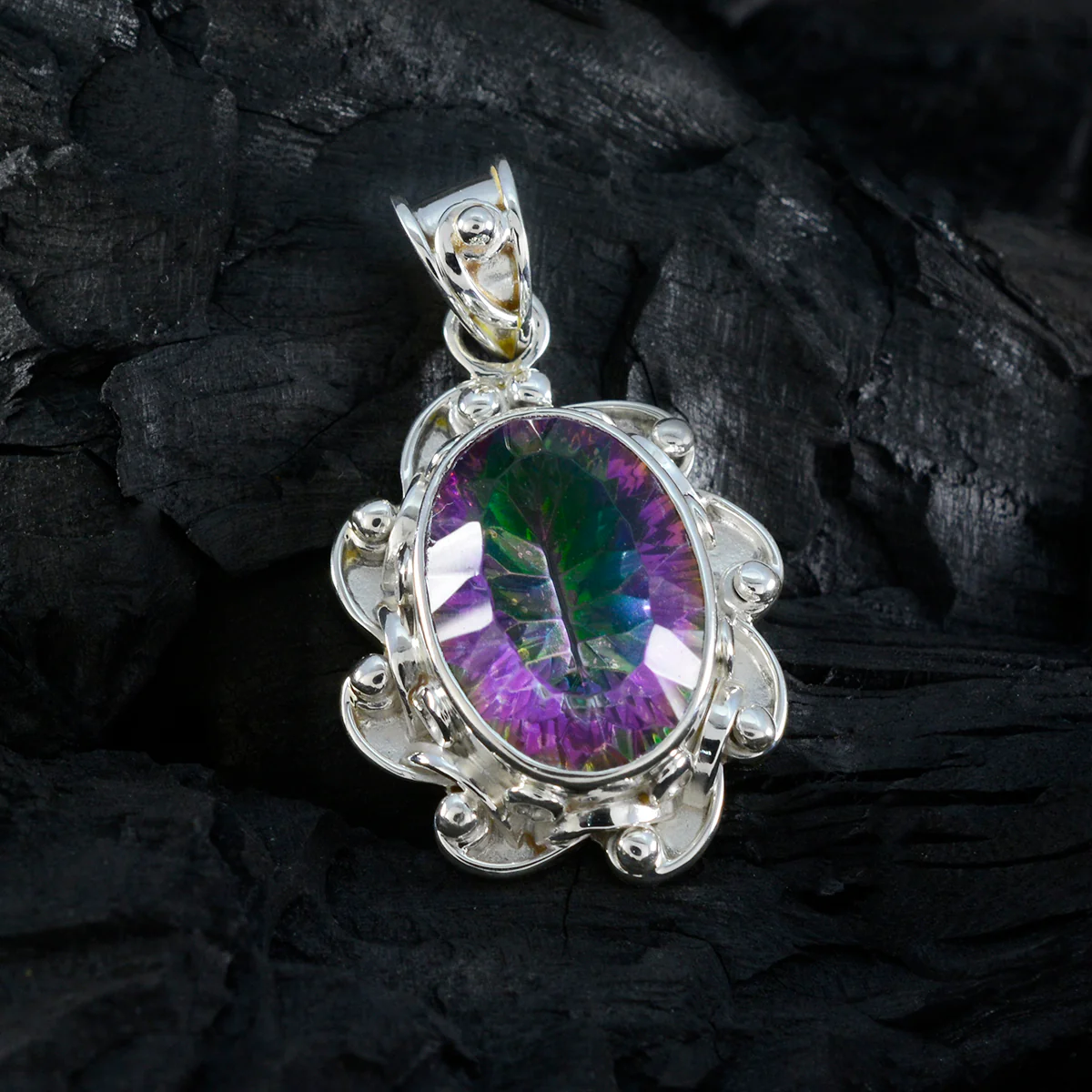 Mystic Quartz Eye-catching Latin American Sterling Silver Solitaire Laura Rope-Wire multicolor Pendant Jewellery - Image 3