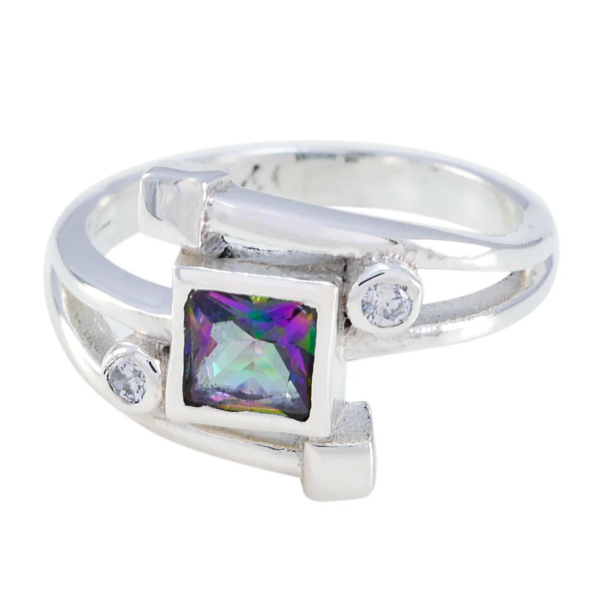 Mystic Quartz Halo Egyptian Silver multicolor Gems Featherlight Feminine Ring Jewelry
