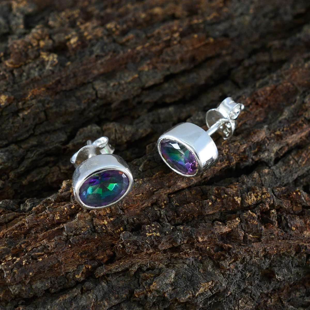 Mystic Quartz Middle Eastern Lucia Solitaire Stud multicolor Sterling Silver Earring - Image 3