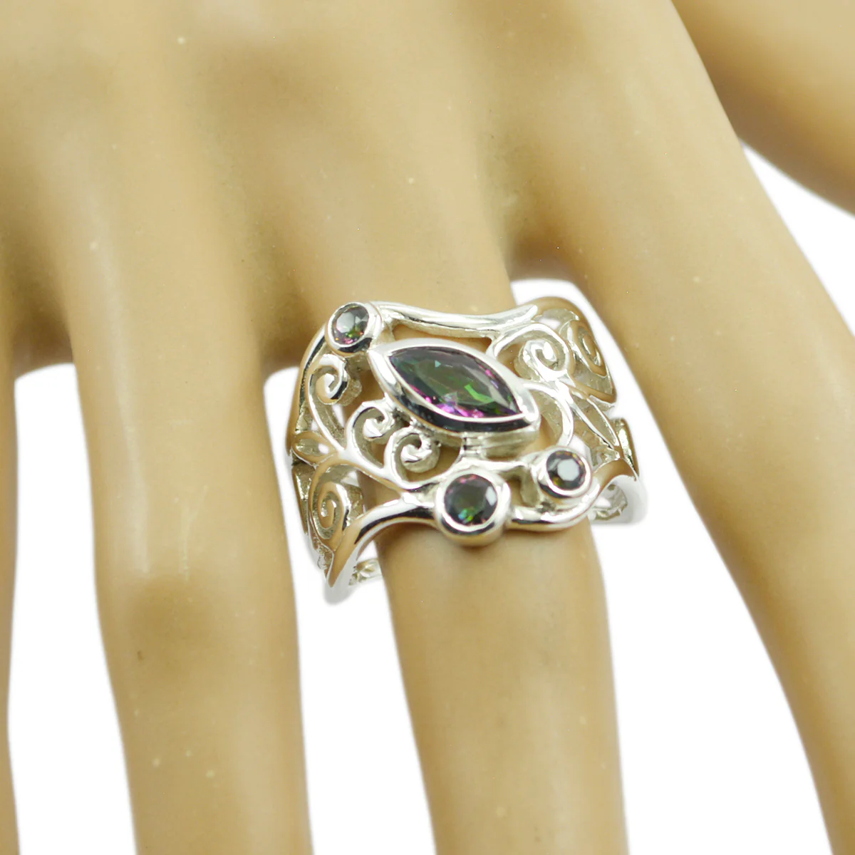 Mystic Quartz quarter Australian 92.5 Silver multicolor Gems Essential Filigree Ring Jewellery - Image 2