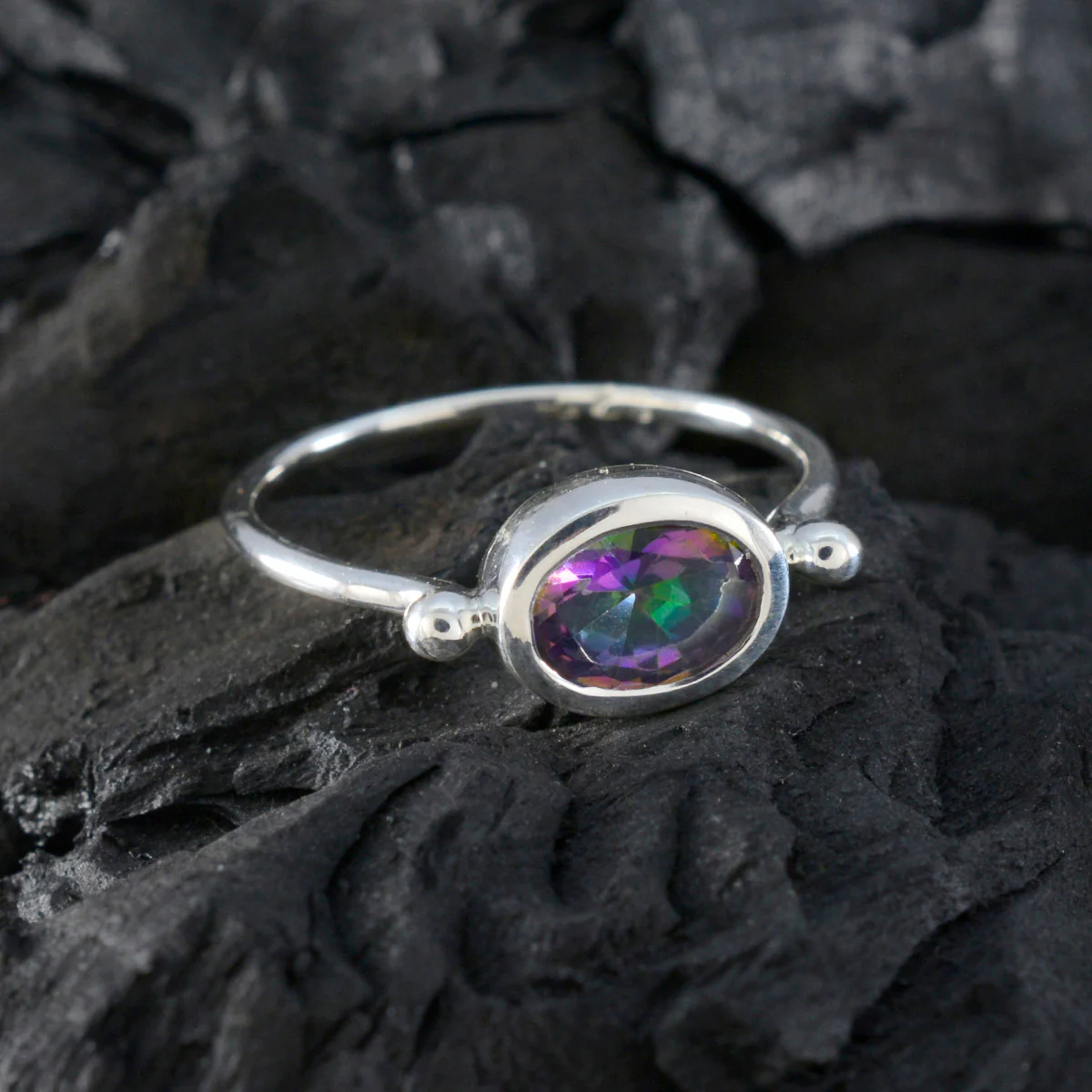 Mystic Quartz Solitaire American Silver multicolor Gems Dainty Trendy Ring Jewelry - Image 4
