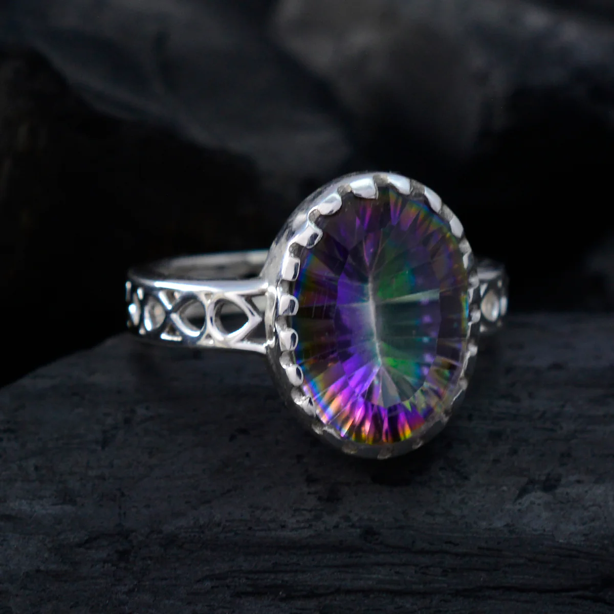 Mystic Quartz Solitaire Australian 925 Silver multicolor Gems Slim Filigree Ring Jewellery - Image 4