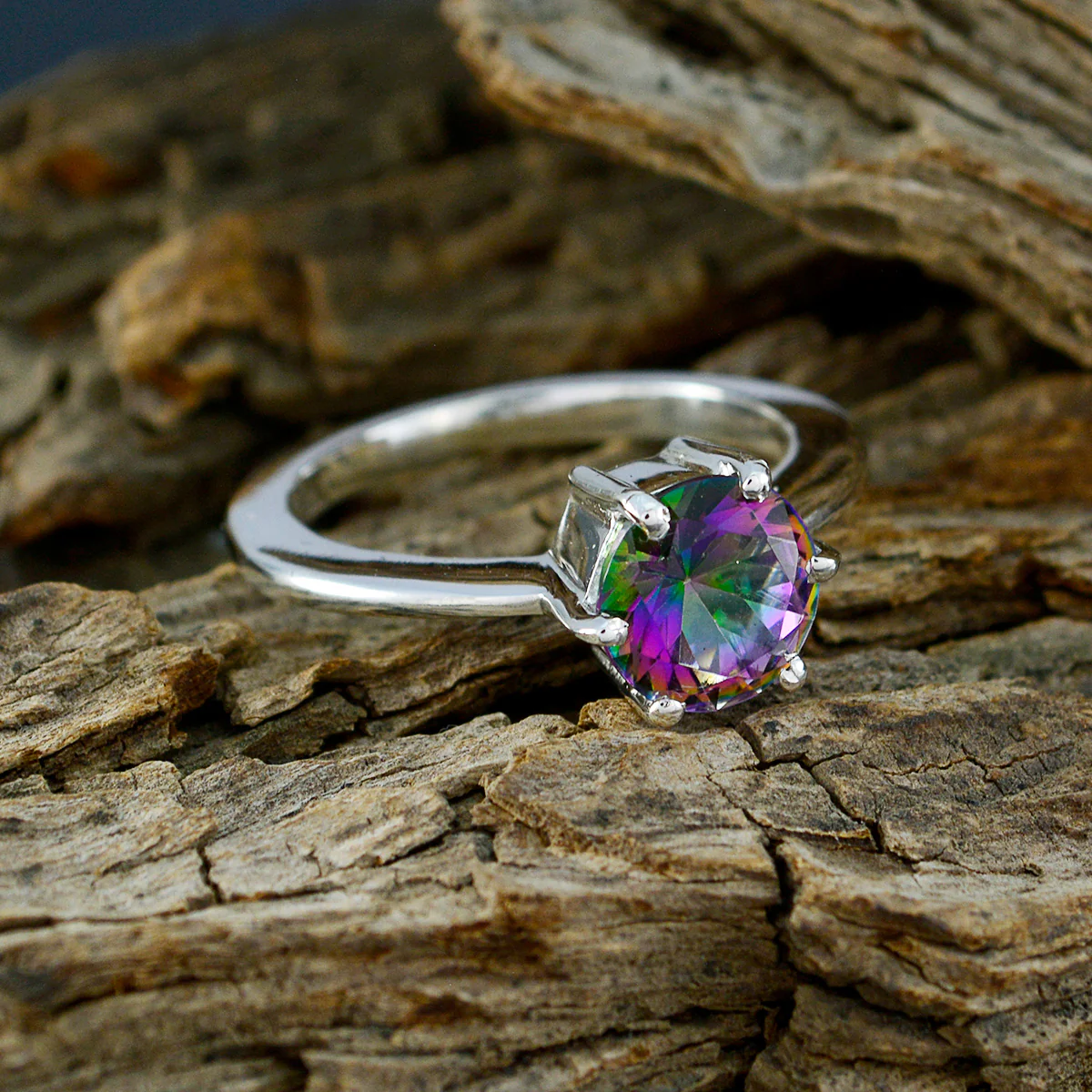 Mystic Quartz Solitaire Egyptian Silver multicolor Gems Slim Romantic Ring Jewelry - Image 4