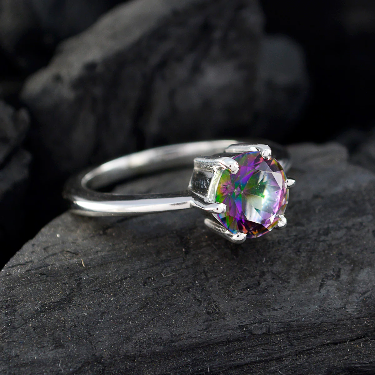 Mystic Quartz Solitaire Egyptian Silver multicolor Gems Slim Romantic Ring Jewelry - Image 5