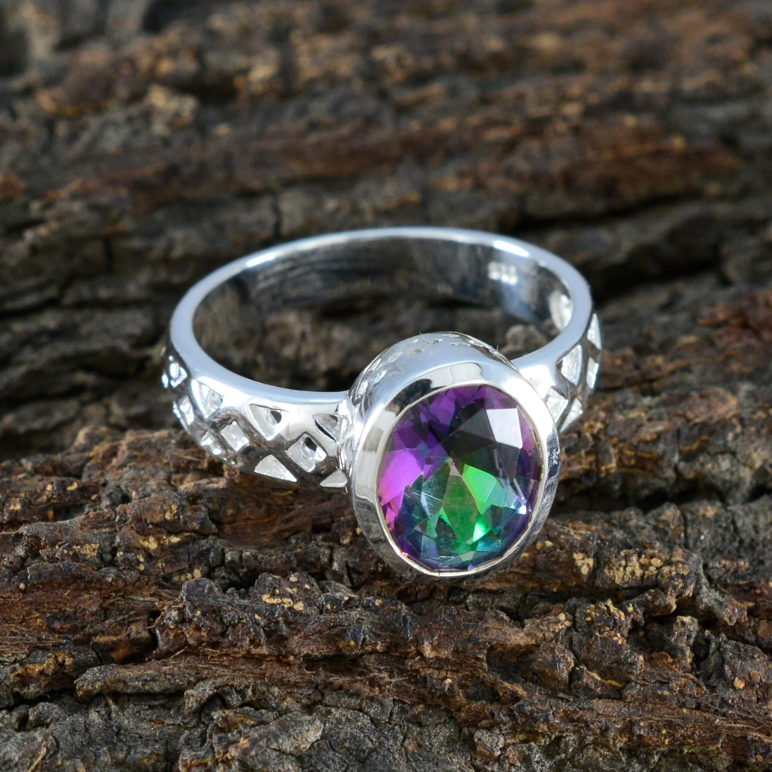Mystic Quartz Solitaire French 925 Sterling Silver multicolor Gems Featherlight Artisan Ring Jewellery - Image 3